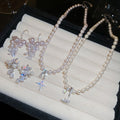 French Vintage Faux Pearl Zircon Beaded Stud Earrings Necklace Jewelry Set Light Luxury Elegant Style view 3