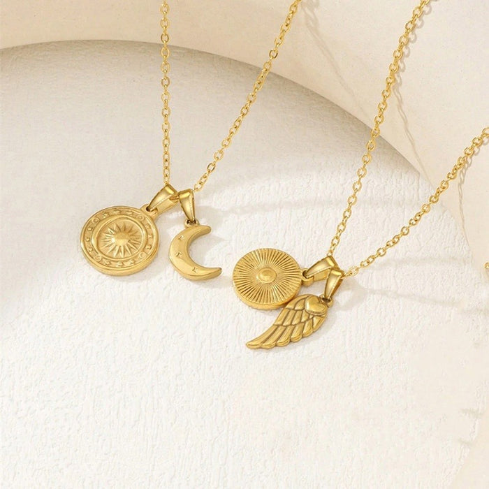 Vintage Style Handmade Look Pendant Necklace, Trendy Sun Angel Wing Retro Choker Jewelry