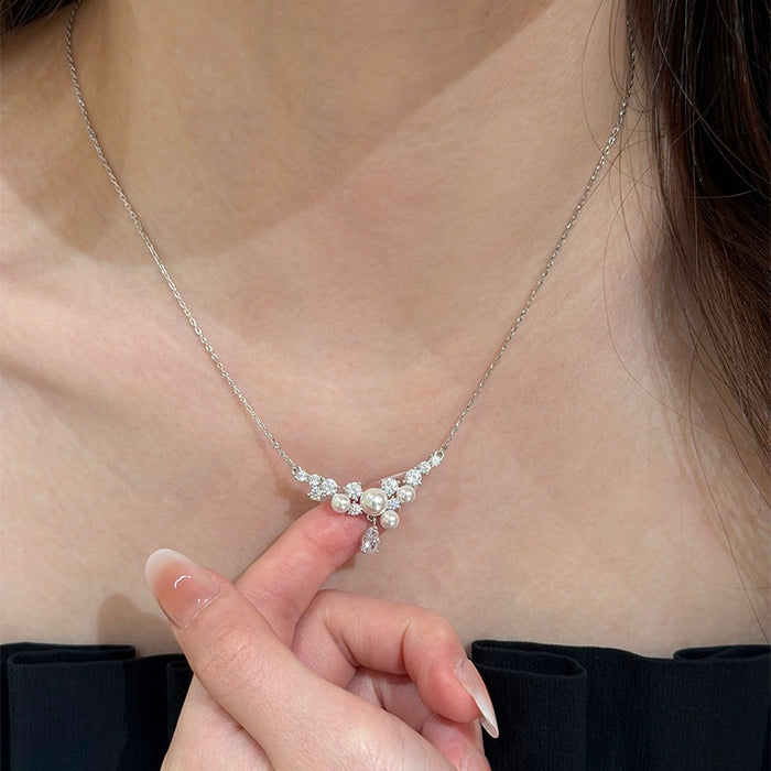 Light Luxury Sparkling Zircon Faux Pearl Water Drop Choker Necklace For Women