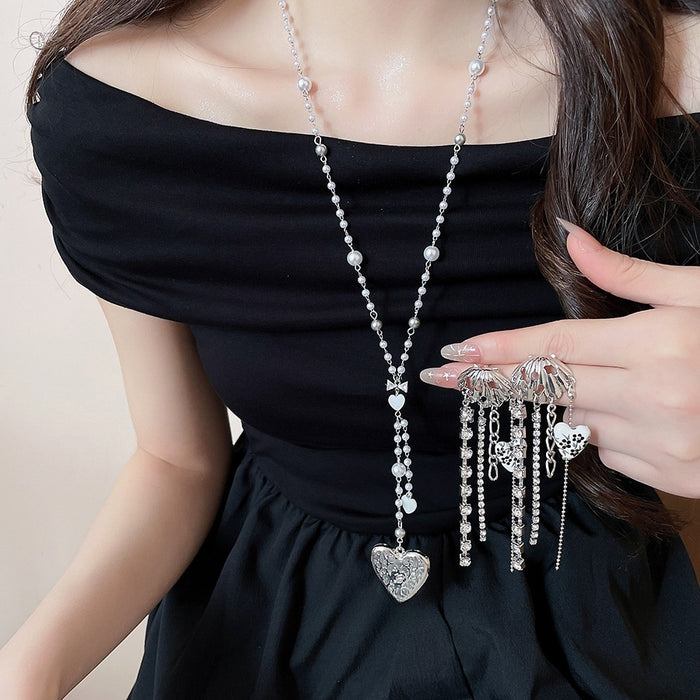 2026 Metal Heart Faux Pearl Necklace And Stud Earrings Jewelry Set Old Money Punk Geometric Design