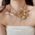Old Money Alloy Lily Of The Valley Flower Leaf Choker Necklace With Crinkled Metal Design view 3