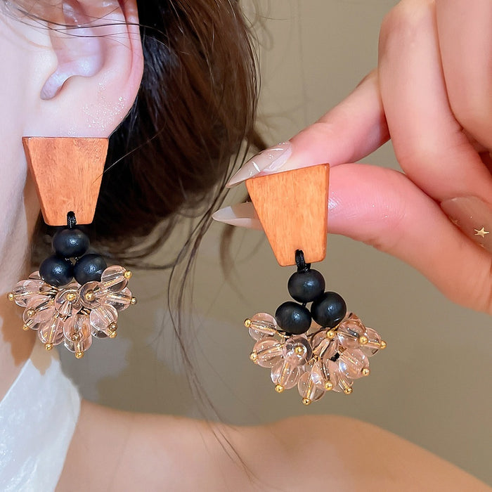 Vintage Ethnic Wood Stud Earrings With Natural Crystal Flower Cluster Geometric Design