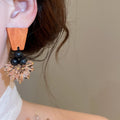 Vintage Ethnic Wood Stud Earrings With Natural Crystal Flower Cluster Geometric Design view 3