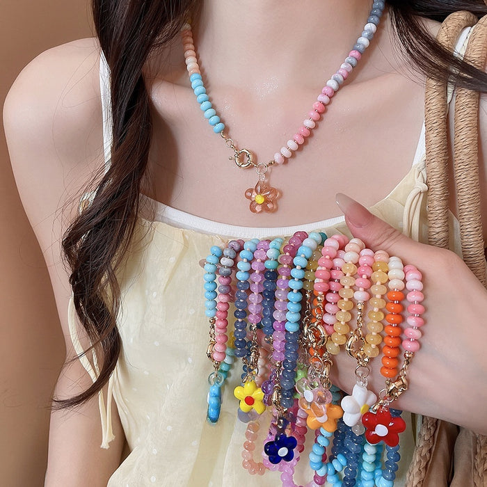 Colorful Artificial Crystal Beaded Flower Necklace For Women Sweet Pastoral Collarbone Choker