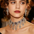 Vintage Bohemian Ethnic Coin Tassel Alloy Chandelier With Blue Crystal Rhinestone Drops Earrings view 2