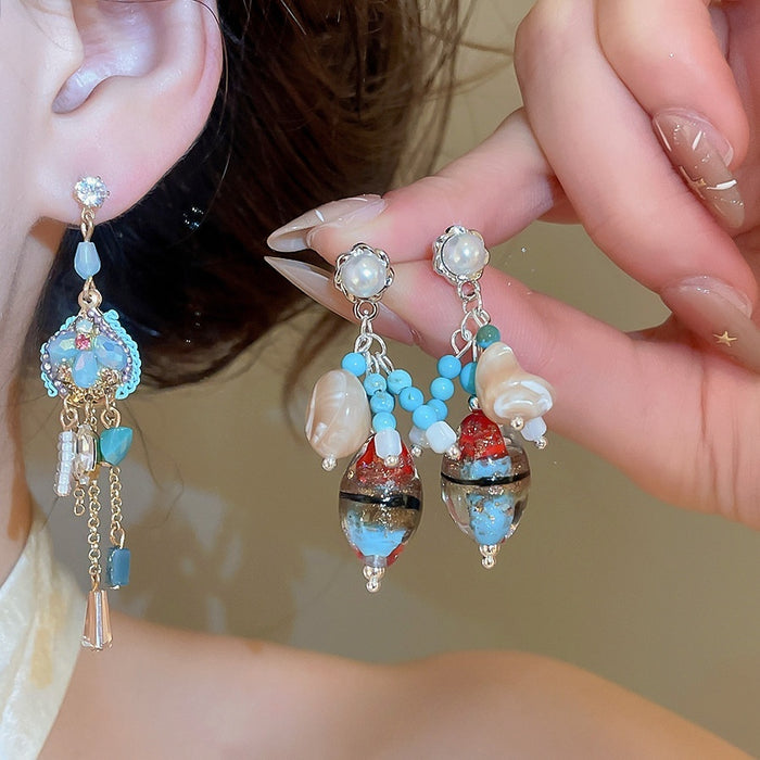 Bohemian Geometric Tassel Stud Earrings With Zircon And Faux Crystal Beads