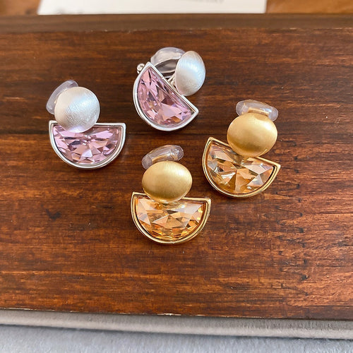 French Vintage Rhinestone Semi-Circle Copper Clip-on Earrings, Minimalist Geometric Round Style