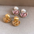 French Vintage Rhinestone Semi-Circle Copper Clip-on Earrings, Minimalist Geometric Round Style view 4