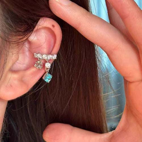 Light Luxury Copper Zircon Iris Flower Clip-on Earrings Geometric No-Piercing Ear Cuffs