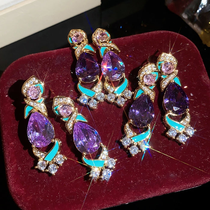 Vintage Enamel Zircon Teardrop Copper Stud Earrings Light Luxury Palace Style Jewelry