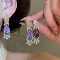 Vintage Enamel Zircon Teardrop Copper Stud Earrings Light Luxury Palace Style Jewelry view 2