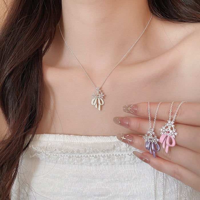 Copper Zircon Flower Enamel Butterfly Bow Choker Necklace For Women Creamy Sweet Luxury Style