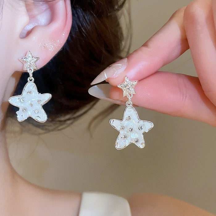 Light Luxury Shell Star Stud Earrings With Rhinestone Inlay, Cute Sweet Fashion Jewelry