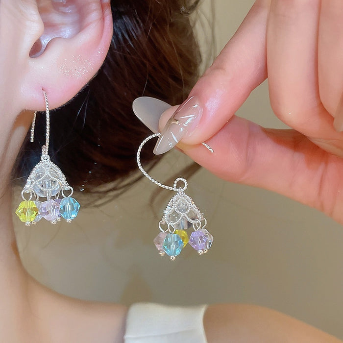 Rainbow Tone Hollow Floral Artificial Crystal Hook Earrings For Women Vacation Style