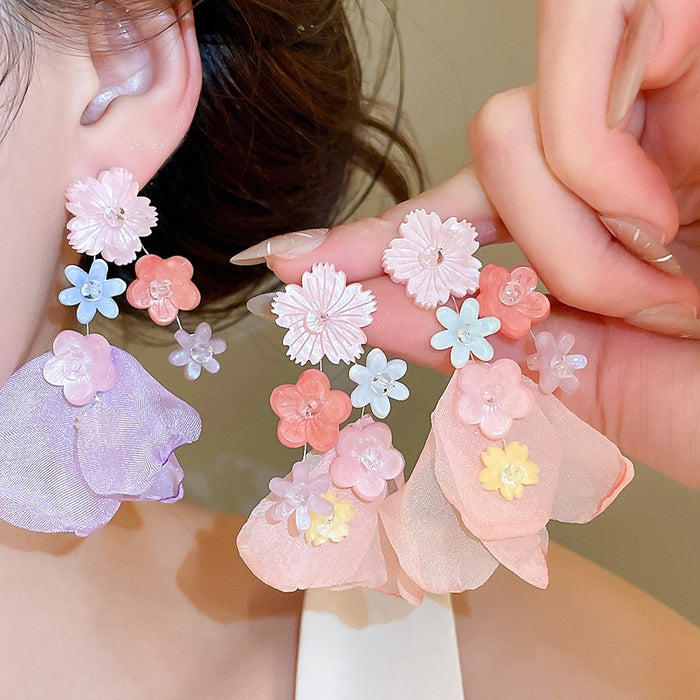 Chiffon Flower Resin Stud Earrings For Women Sweet Summer Vacation Style Floral Ear Jewelry