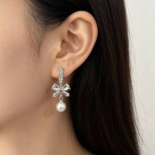 Elegant Rhinestone Bowknot Tassel Pearl Drop Studs Silver Needle Luxury Zircon Bridal Fashion Earrings
