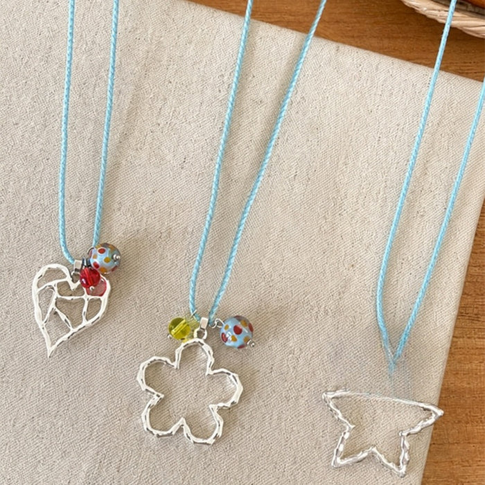 Light Blue Alloy Hollow Heart Flower Candy Ball Long Clavicle Necklace For Women Fairy Style