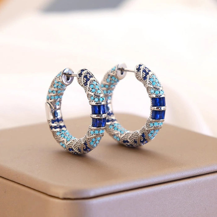 Bohemian Blue Geometric Hoop Earrings, Vintage Ethnic Style Exotic Fashion Accessories