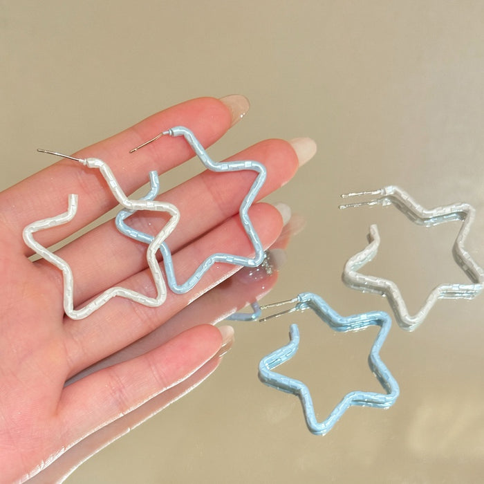 Painted Iron Wrinkled Star Hoop Earrings Fashion Geometric Silver Pin Jewelry for Women