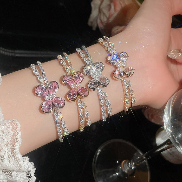 Luxury Korean Style Copper Open Bangle With Sparkling Zircon Bow Butterfly Design