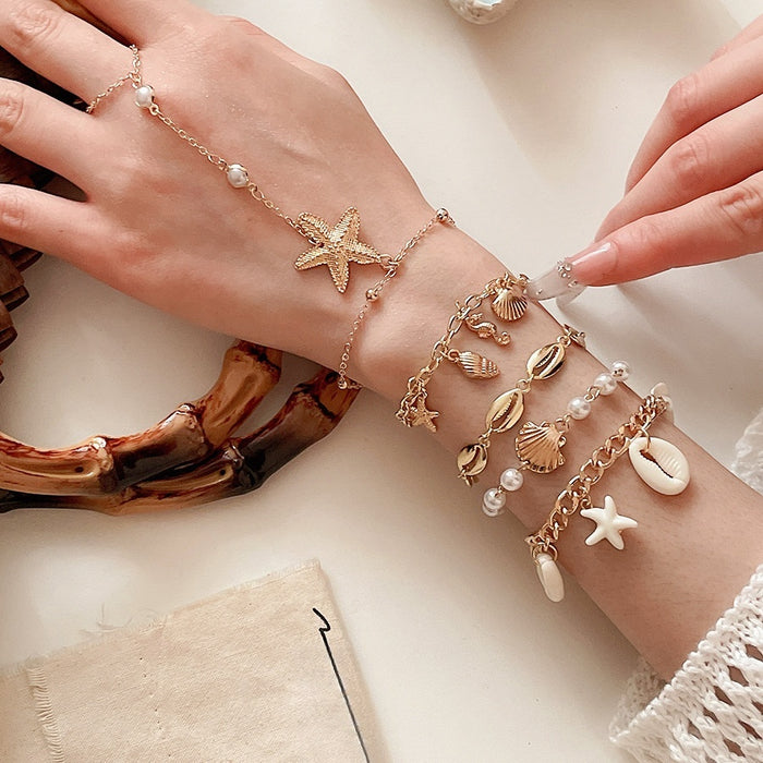 Bohemian Alloy Shell Starfish Pearl Bangle Island Vacation Style Women's Bracelet