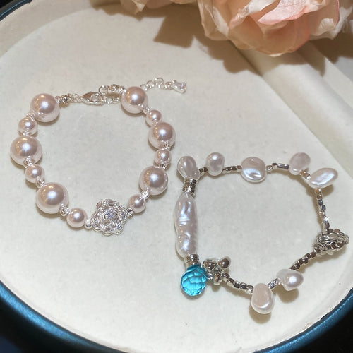 Korean Light Luxury Faux Baroque Pearl Beaded Bangle With Irregular Geometric Round Design