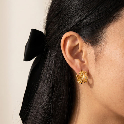 18K Gold Plated Copper Zircon Hollow Lace Round Court Style Ear Cuff Earrings