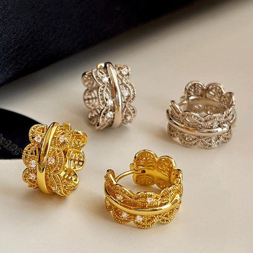 18K Gold Plated Copper Zircon Hollow Lace Round Court Style Ear Cuff Earrings