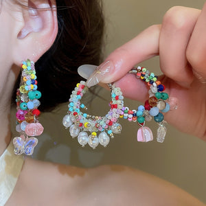 Silver Needle Artificial Crystal Woven Round Hoop Earrings Colorful Vacation Style Jewelry