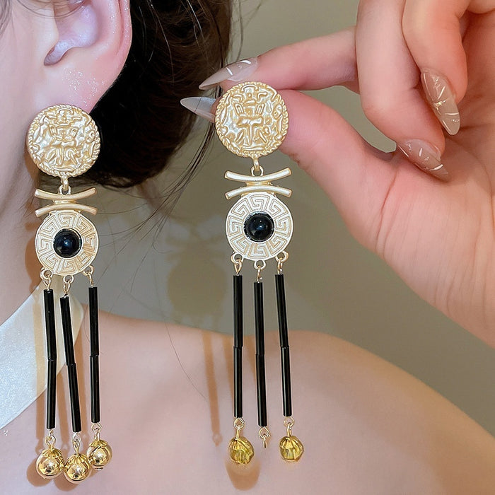 Vintage Palace Style Glass Round Portrait Tassel Drop Earrings With Silver Needle Studs