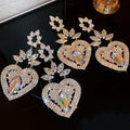 Light Luxury Rhinestone Heart Flower Drop Earrings With Silver Pins, Elegant Bridal Banquet Jewelry view 2
