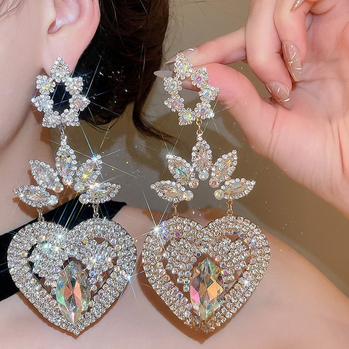 Light Luxury Rhinestone Heart Flower Drop Earrings With Silver Pins, Elegant Bridal Banquet Jewelry