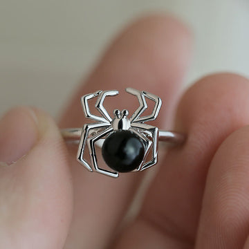 Silver Tone Black Bead Spider Ring Fashion Jewelry