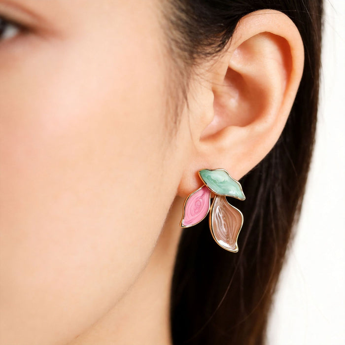 Elegant Tri Color Enamel Leaf Stud Earrings For Women Gold Tone Alloy Unique Fresh Statement Earrings
