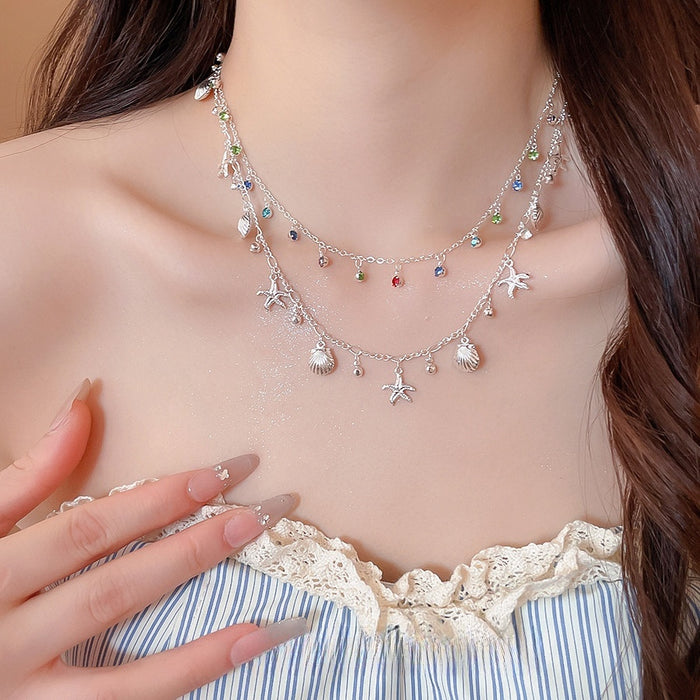 Shimmering Rhinestone Shell Starfish Alloy Necklace For Women Island Vacation Collarbone Chain