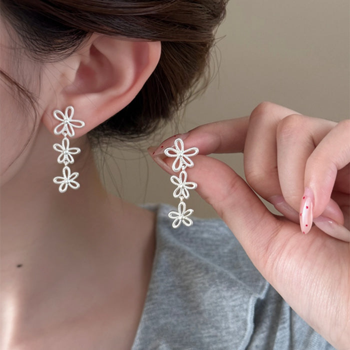 French Style Silver Tone Hollow Flower Copper Stud Earrings For Women, Fashion OL Floral Jewelry