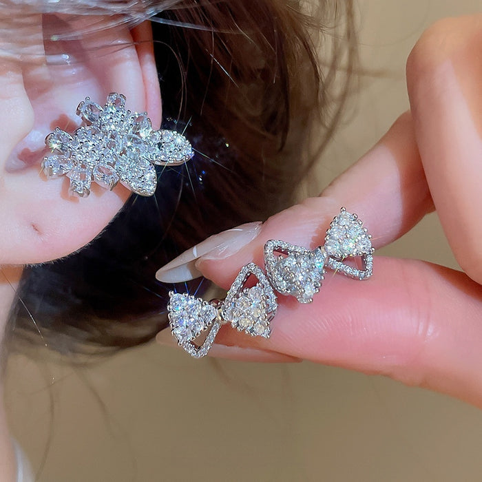 Light Luxury Copper Zircon Flower Bow Clip-on Earrings For Women No Piercing Ear Cuffs