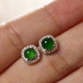 New Chinese Style Faux Green Chalcedony Stud Earrings, Full Zircon Micro Pave Vintage Jewelry view 2