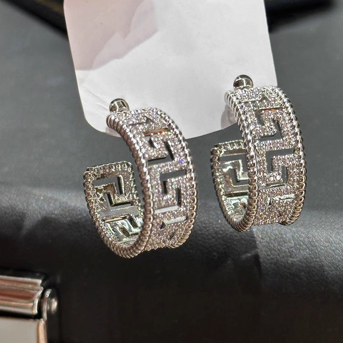 Niche Full Rhinestone Greek Key C Shaped Ear Cuff Light Luxury Commuter Earrings