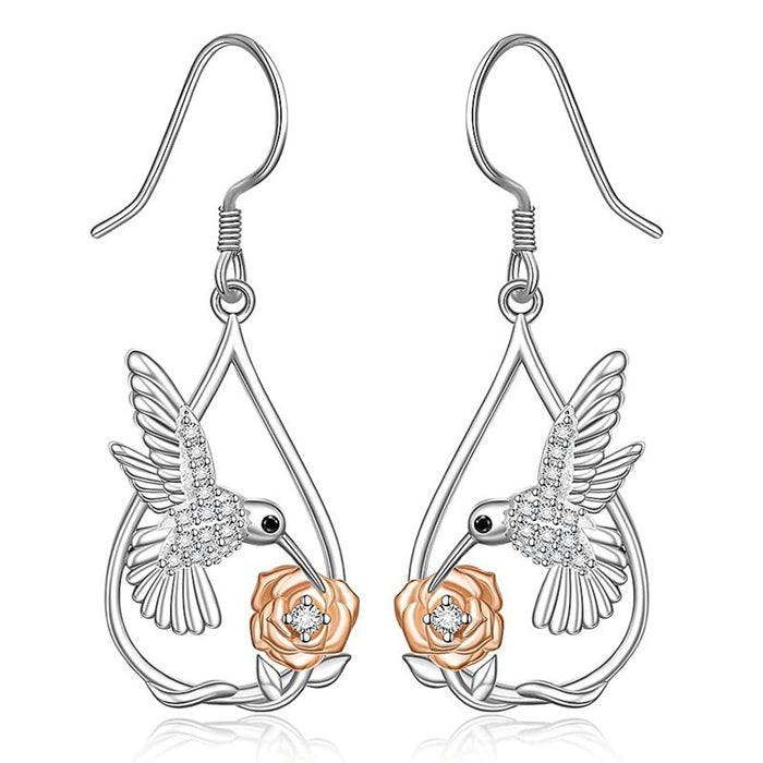 Minimalist Hummingbird Rose Hollow Drop Earrings, Small Creative Women's Accessories