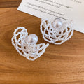 Luxury Crystal Beaded Woven Pearl Geometric Stud Earrings For Elegant Minimalist Style view 4