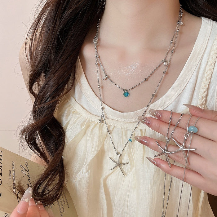 Alloy Starfish Sweater Necklace Summer Beach Vacation Style Collarbone Chain