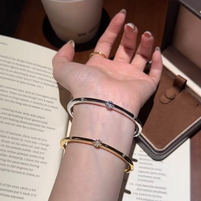 Copper Zircon Open Cuff Bangle, Slim Round French Chic Minimalist OL Fashion Jewelry