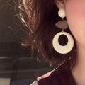 French Hollow Round Acrylic Drop Earrings Vintage Wood Look Geometric Statement Stud Style view 2