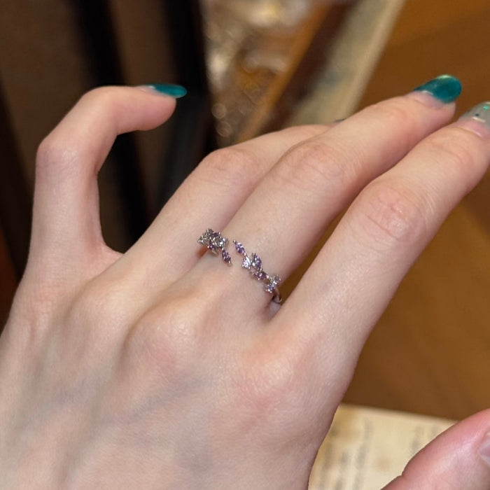 French Style Purple Sparkle Copper Wheat Flower Branch Ring, Light Luxury Fashion Jewelry