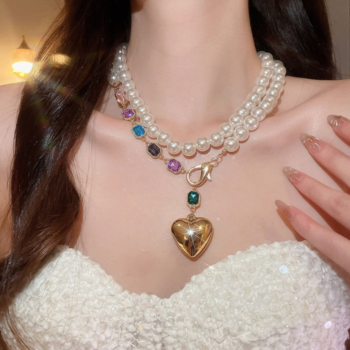 Light Luxury French Style Double Layer Faux Pearl Heart Necklace With Colorful Rhinestone Geometric Charm