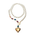 Light Luxury French Style Double Layer Faux Pearl Heart Necklace With Colorful Rhinestone Geometric Charm view 5