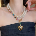 Light Luxury French Style Double Layer Faux Pearl Heart Necklace With Colorful Rhinestone Geometric Charm view 3