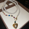 Light Luxury French Style Double Layer Faux Pearl Heart Necklace With Colorful Rhinestone Geometric Charm view 2