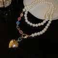 Light Luxury French Style Double Layer Faux Pearl Heart Necklace With Colorful Rhinestone Geometric Charm view 4